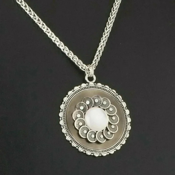 Textured Smoke Silver and Cream Round Enameled Medallion Necklace - Picture 1 of 2